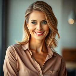 A gorgeous 40-year-old woman with exceptionally beautiful eyes, dressed in a chic, stylish shirt