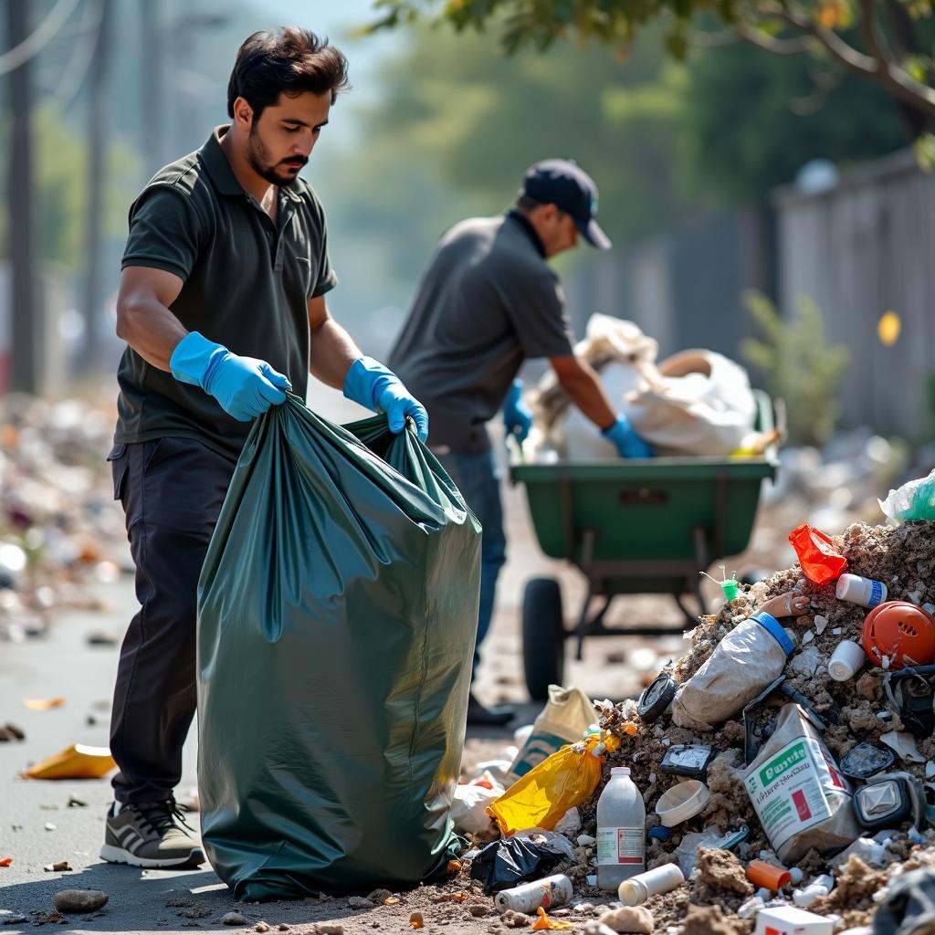 A scene depicting two people engaging in waste management
