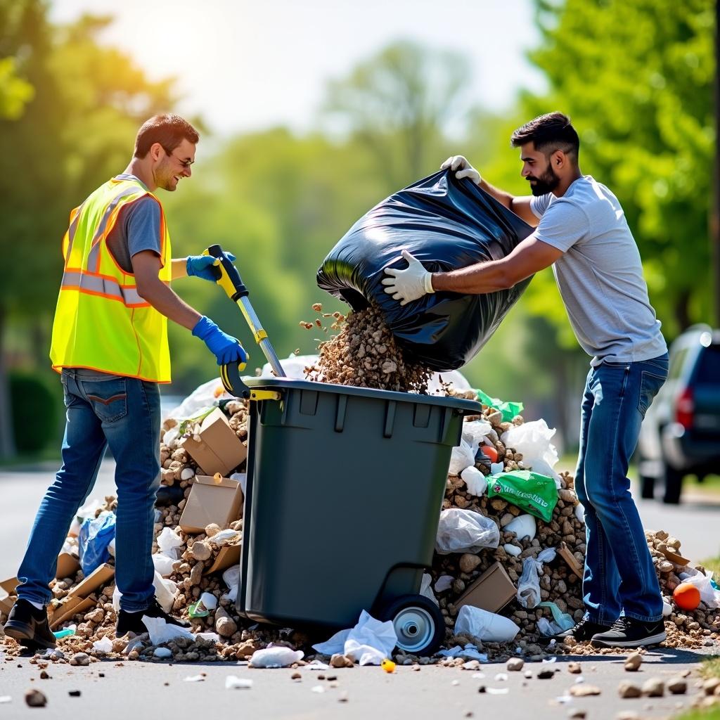 A scene depicting two individuals interacting with a large garbage pile