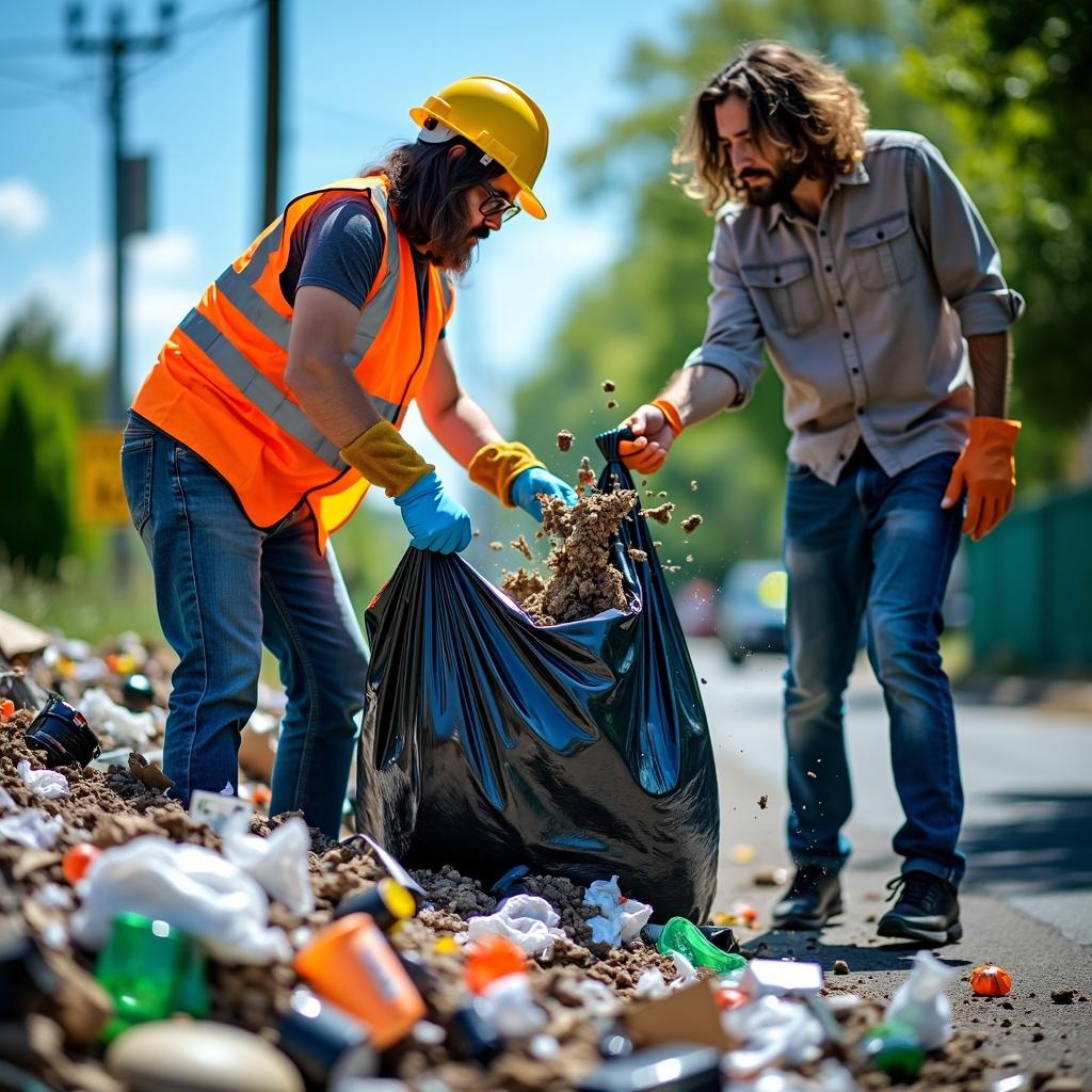 A scene featuring two individuals interacting with a large garbage pile