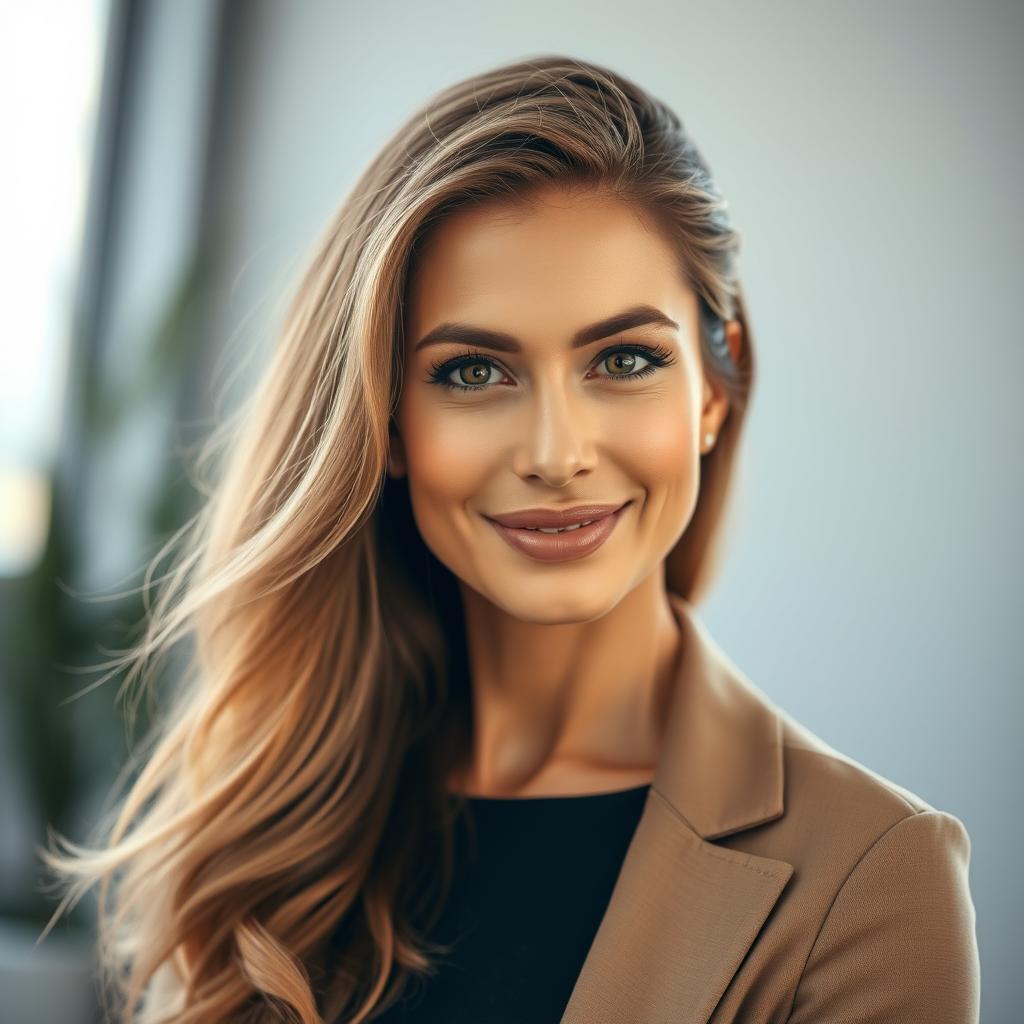 A stunning 40-year-old woman with beautiful, captivating eyes, radiating confidence and charm