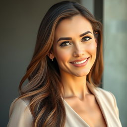 A stunning 40-year-old woman with beautiful, captivating eyes, radiating confidence and charm