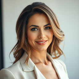 A stunning 40-year-old woman with beautiful, captivating eyes, radiating confidence and charm