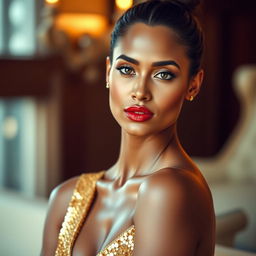 A beautiful woman wearing a shiny golden dress that glistens under the light, with her hair elegantly gathered on top of her head, accentuating her narrow neck and delicate shoulders