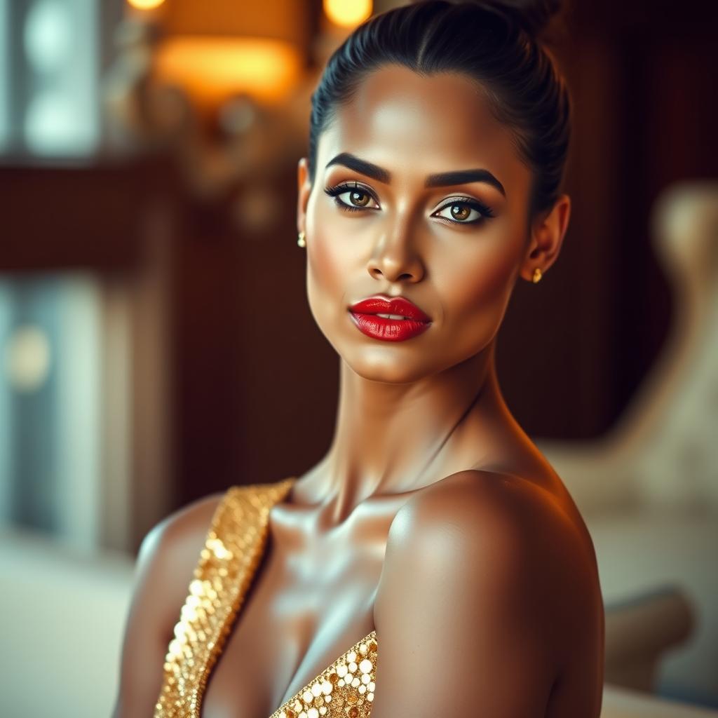 A beautiful woman wearing a shiny golden dress that glistens under the light, with her hair elegantly gathered on top of her head, accentuating her narrow neck and delicate shoulders