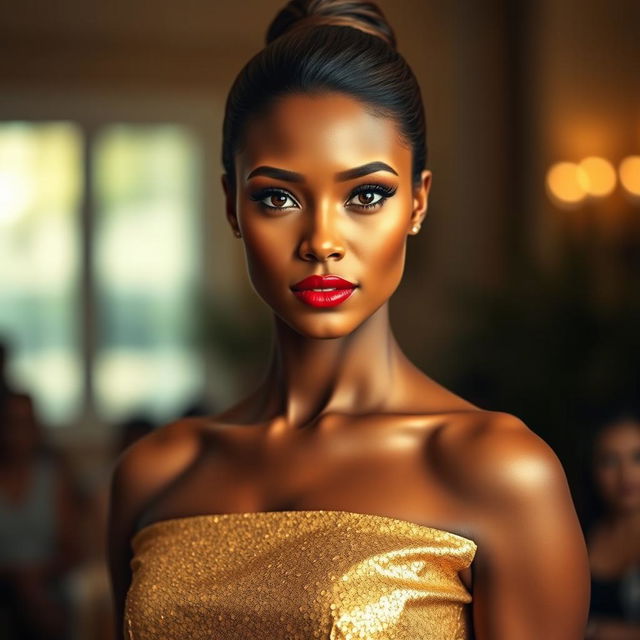 A beautiful woman wearing a shiny golden dress that glistens under the light, with her hair elegantly gathered on top of her head, accentuating her narrow neck and delicate shoulders