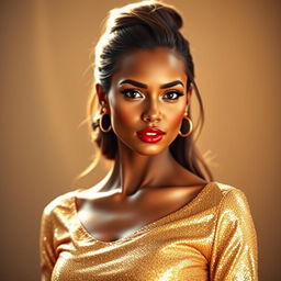 A beautiful woman wearing a shiny golden dress that glistens under the light, with her hair elegantly gathered on top of her head, accentuating her narrow neck and delicate shoulders