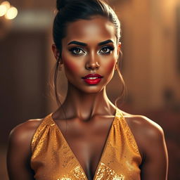 A beautiful woman wearing a shiny golden dress that glistens under the light, with her hair elegantly gathered on top of her head, accentuating her narrow neck and delicate shoulders