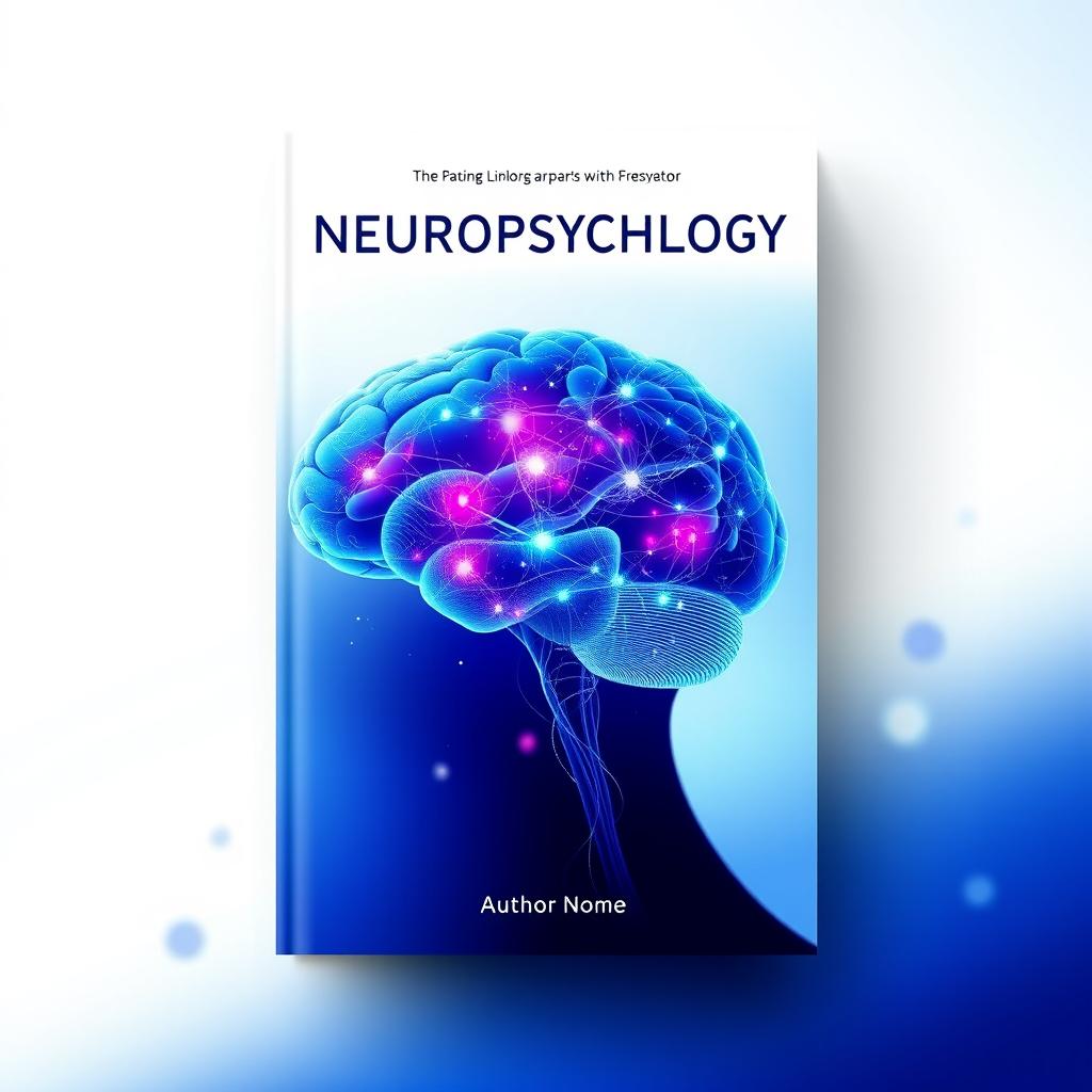 A captivating book cover design for a neuropsychology book, featuring an artistic representation of a human brain with neural connections illuminated in vibrant colors like blue and purple