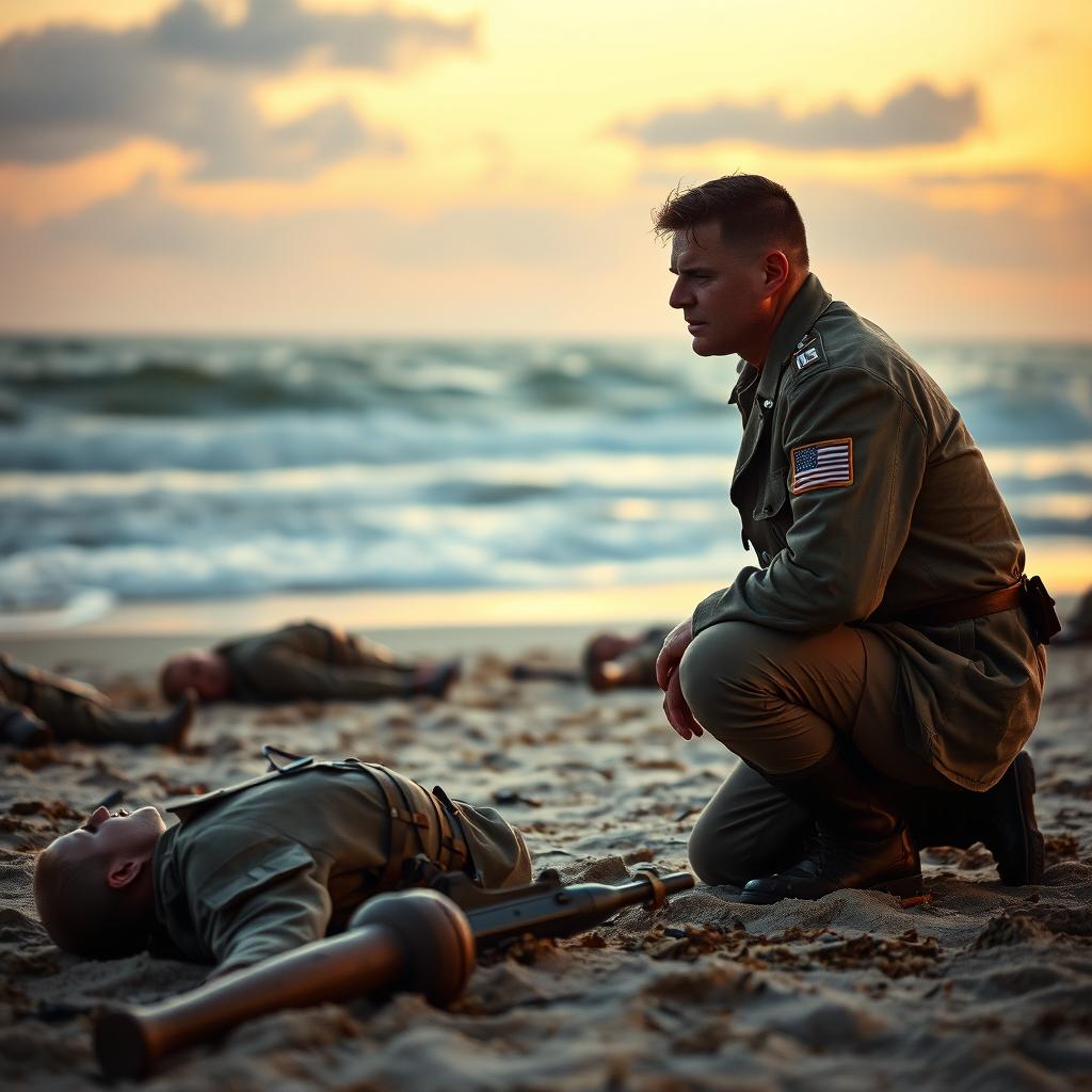 A World War II American medic at sunset on the Normandy beach, kneeling in sorrow as he watches the lifeless bodies of his fallen comrades lying on the sandy shore