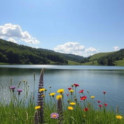 A tranquil, scenic landscape featuring a serene lake surrounded by lush green trees and gently rolling hills