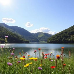 A tranquil, scenic landscape featuring a serene lake surrounded by lush green trees and gently rolling hills