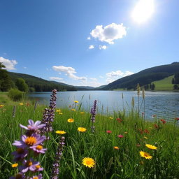 A tranquil, scenic landscape featuring a serene lake surrounded by lush green trees and gently rolling hills