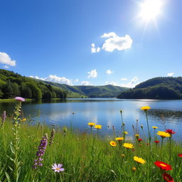A tranquil, scenic landscape featuring a serene lake surrounded by lush green trees and gently rolling hills