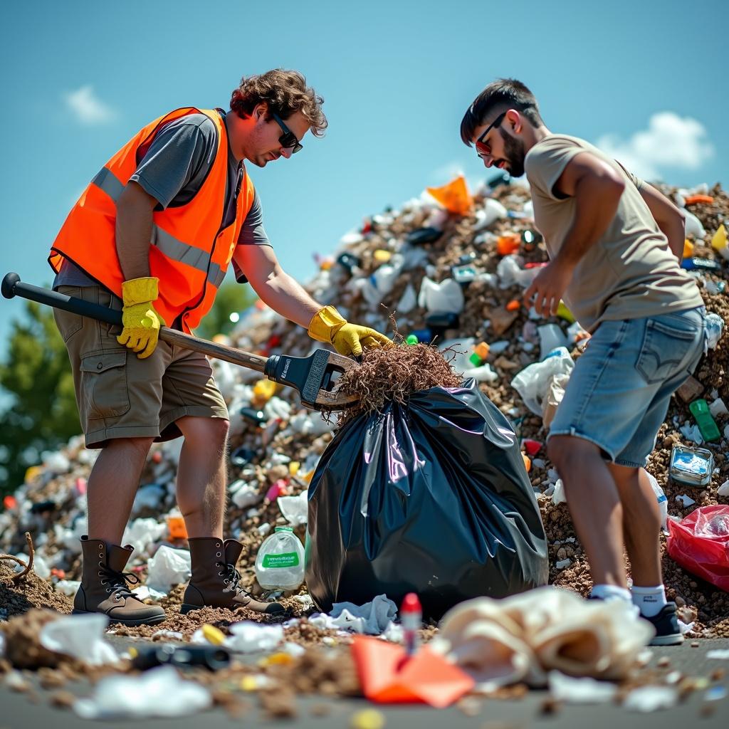 A dynamic scene showcasing two individuals at an enormous garbage pile