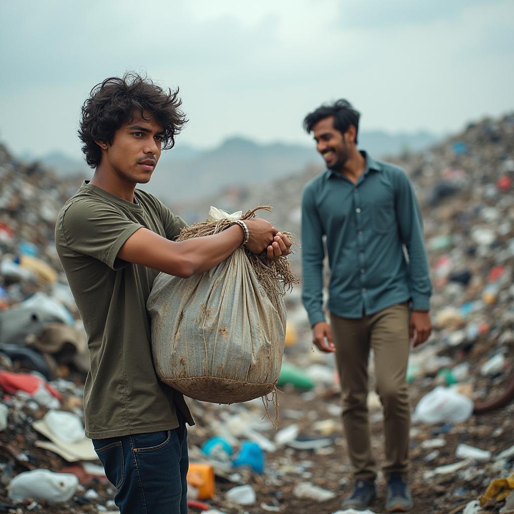 A scene depicting two individuals in a large garbage dump