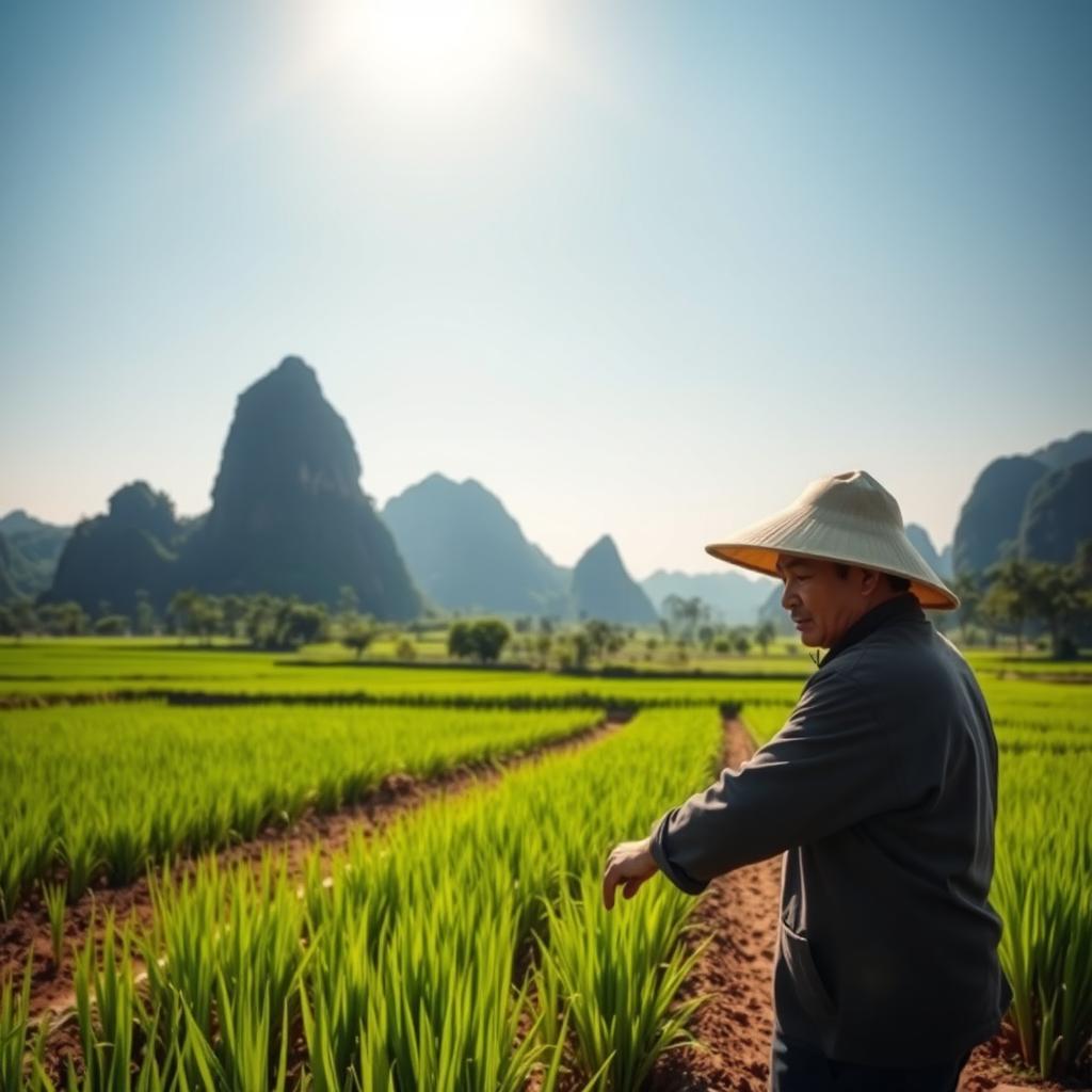 A serene landscape of Vietnam showcasing its lush green rice fields and traditional farming practices