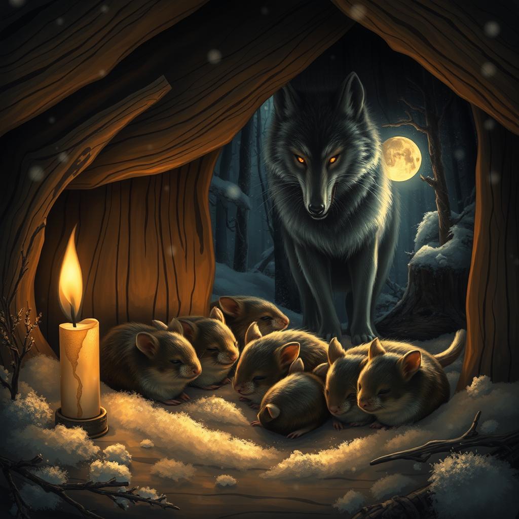 A cozy scene inside a wooden burrow where several small mice are snugly sleeping next to each other