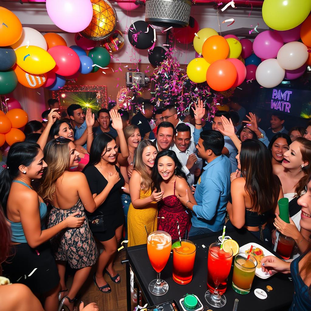 A vibrant and lively party scene filled with joyful people dancing and socializing