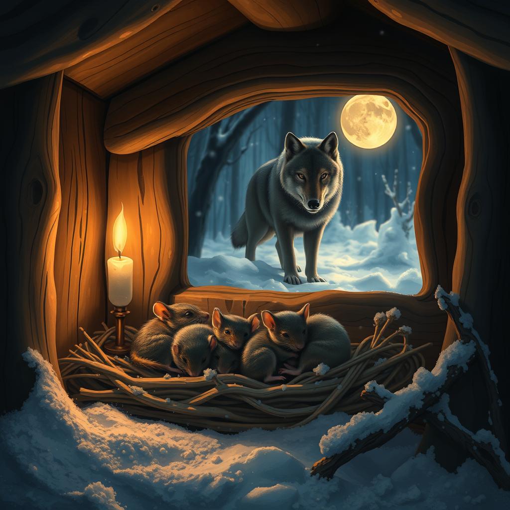 A cozy, wooden mouse den with several small mice sleeping together in a bundle, illuminated by the soft glow of a candle