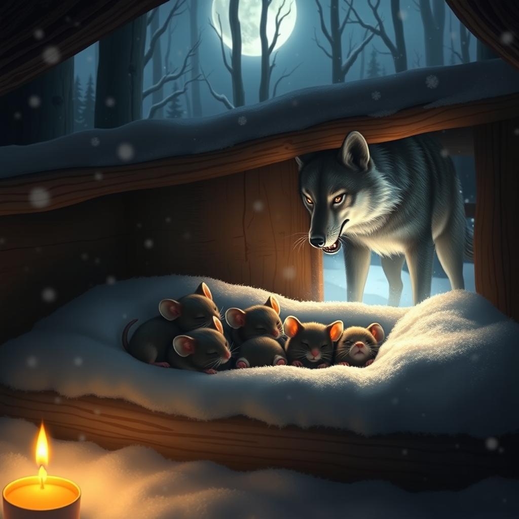 Cozy Mice Den: A Serene Winter Scene amidst a Lurking Threat