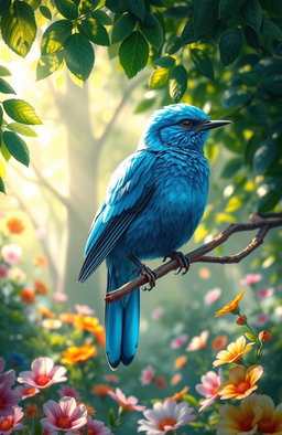 A stunning digital painting of a vibrant blue bird perched gracefully on a branch, surrounded by a lush green forest filled with colorful flowers