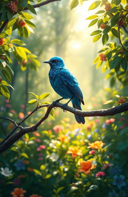 A stunning digital painting of a vibrant blue bird perched gracefully on a branch, surrounded by a lush green forest filled with colorful flowers