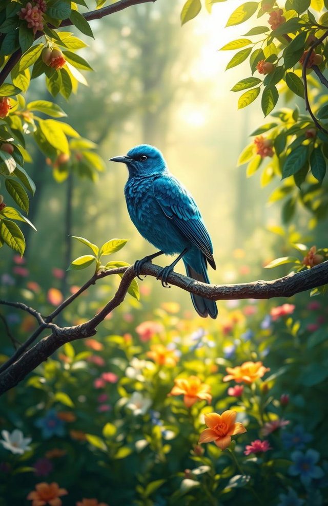 A stunning digital painting of a vibrant blue bird perched gracefully on a branch, surrounded by a lush green forest filled with colorful flowers