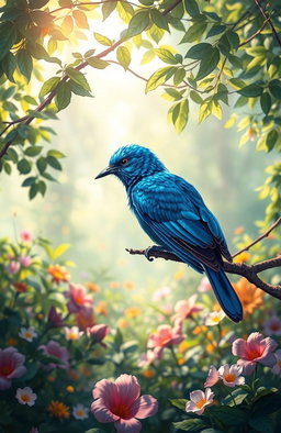 A stunning digital painting of a vibrant blue bird perched gracefully on a branch, surrounded by a lush green forest filled with colorful flowers