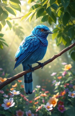 A stunning digital painting of a vibrant blue bird perched gracefully on a branch, surrounded by a lush green forest filled with colorful flowers