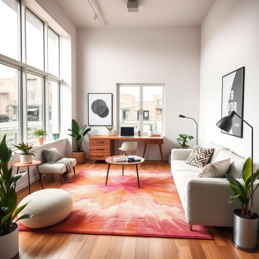 A modern, cozy living room designed for a young adult