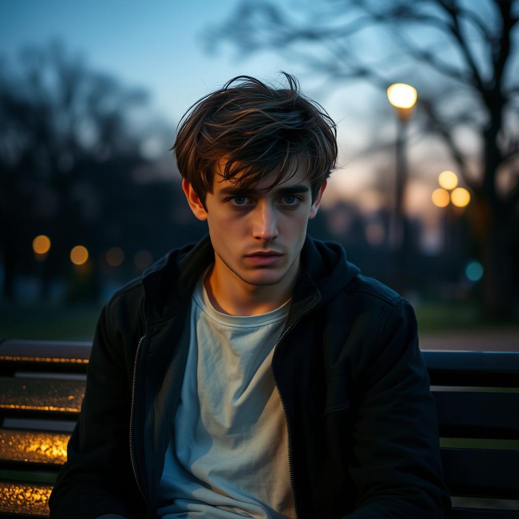 A weary young man sitting on a park bench at twilight, his expression showing exhaustion and fear