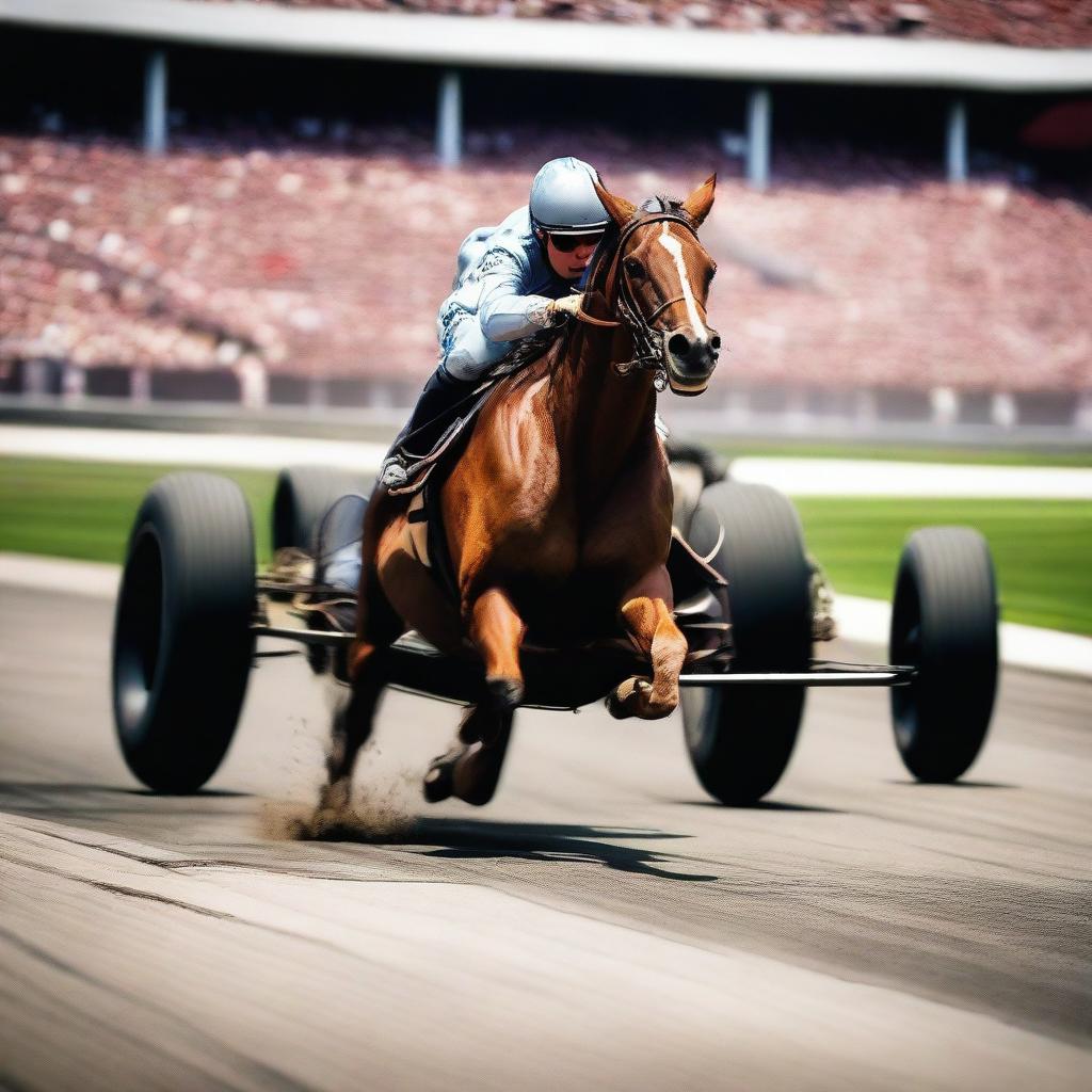 A strong, graceful horse speeding along the track of the Indianapolis 500, with cheering crowds and racing cars blurred in the background.