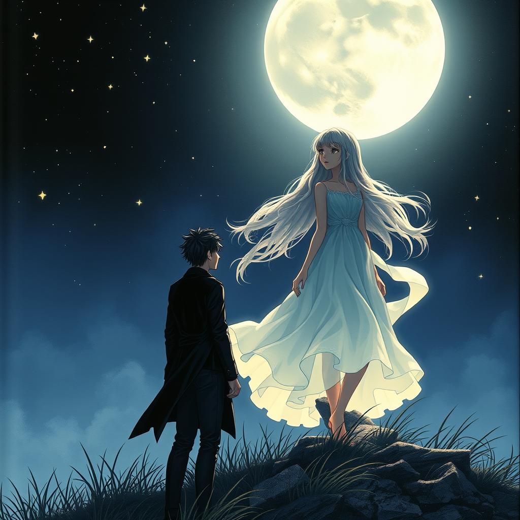 A romantic and mysterious cover featuring a girl captivated by the moon, standing on a hilltop under a starry sky