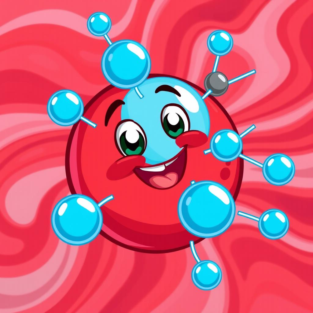 A colorful cartoon illustration of a red blood cell with cartoonish features, showcasing oxygen molecules (depicted as bright blue spheres) attaching to the red blood cell, and carbon dioxide molecules (depicted as darker gray spheres) being released from the red blood cell