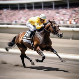 A strong, graceful horse speeding along the track of the Indianapolis 500, with cheering crowds and racing cars blurred in the background.