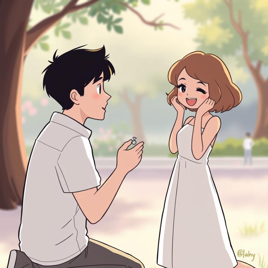 A man with short dark hair kneeling and holding a small engagement ring, looking at a woman with short wavy hair, who has a surprised and joyful expression