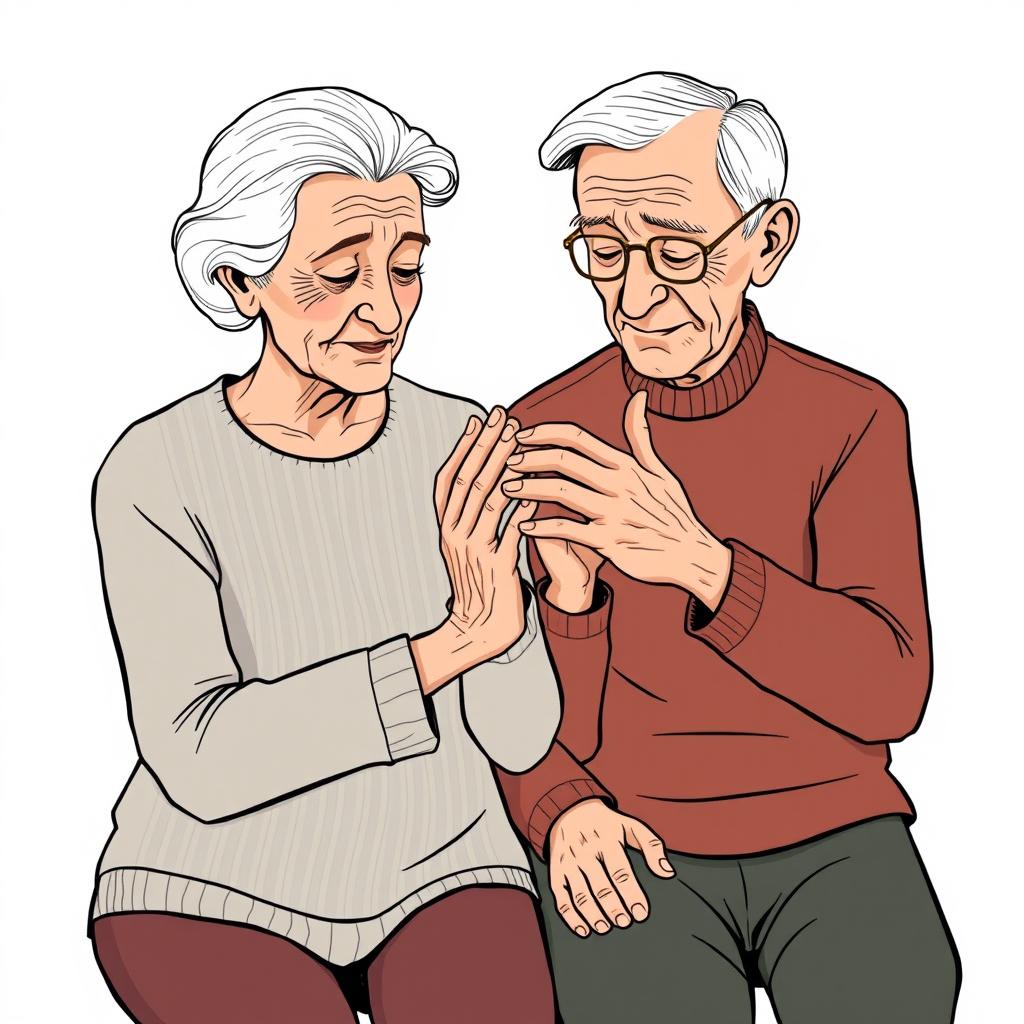 An old couple, seated together, gently holding and looking at their hands, noticing the wrinkles and age on their skin