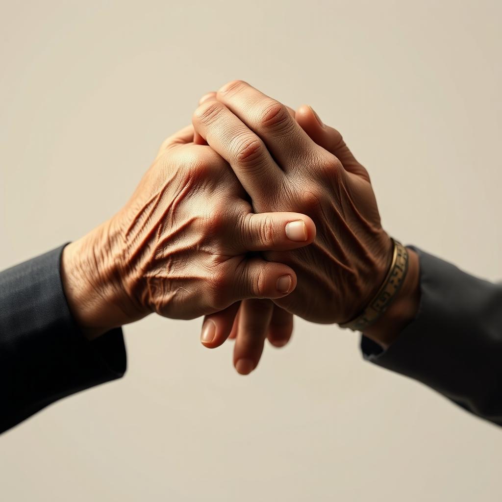 An artistic representation focused solely on the aged hands of an old couple