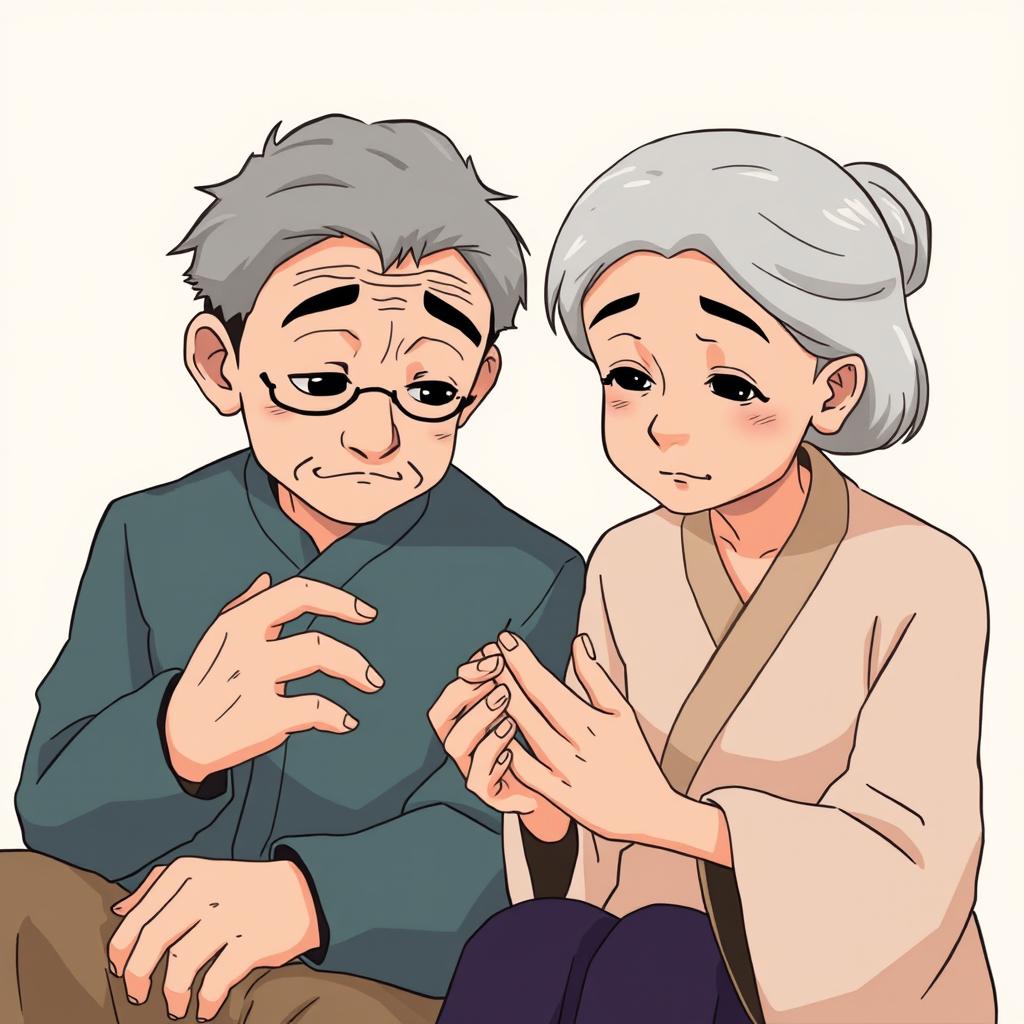 An old couple sitting side by side, looking at their hands with a contemplative expression