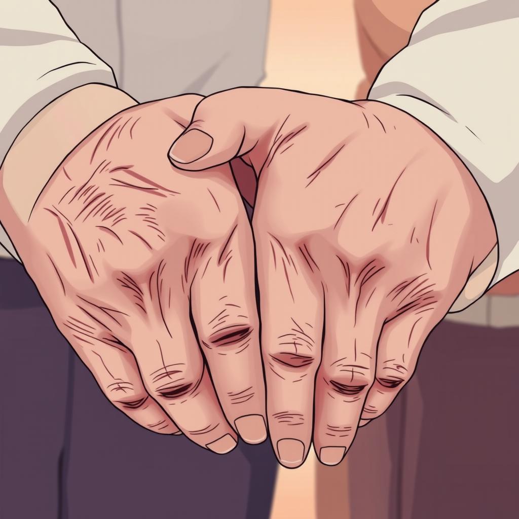 An elderly couple's hands are shown close-up, gently clasped together