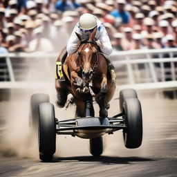 A strong, graceful horse speeding along the track of the Indianapolis 500, with cheering crowds and racing cars blurred in the background.