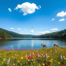 A serene landscape featuring a beautiful lake surrounded by lush green forests under a clear blue sky