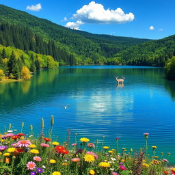 A serene landscape featuring a beautiful lake surrounded by lush green forests under a clear blue sky