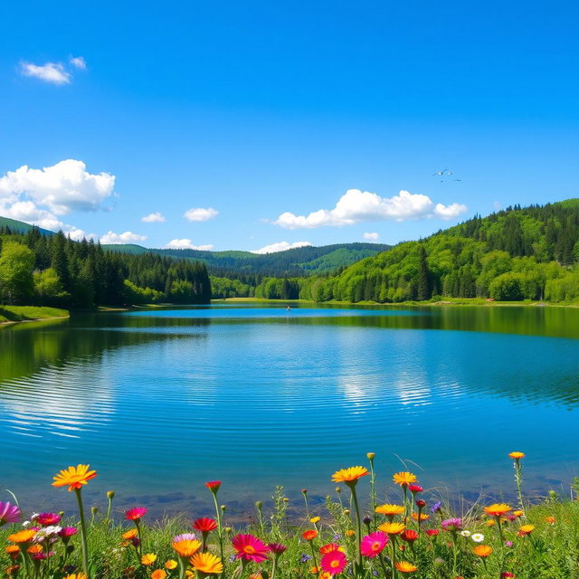A serene landscape featuring a beautiful lake surrounded by lush green forests under a clear blue sky
