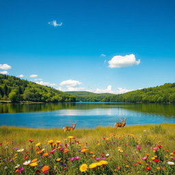 A serene landscape featuring a beautiful lake surrounded by lush green forests under a clear blue sky