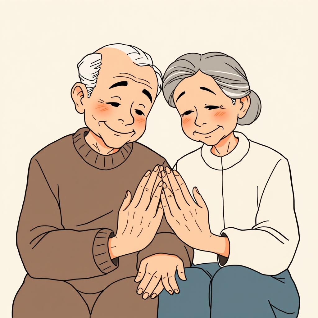 An elderly couple sitting together, gazing at their hands with a contemplative and affectionate expression