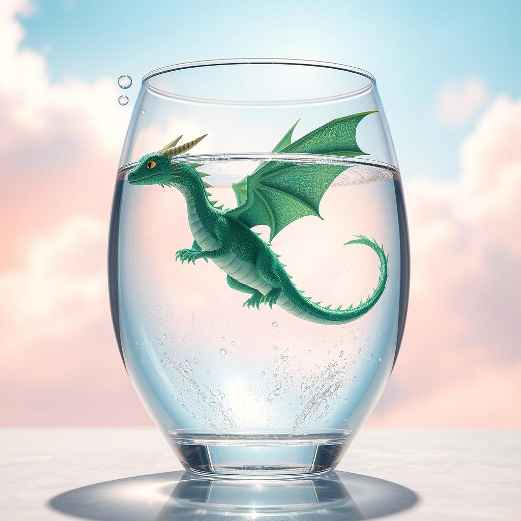 A whimsical scene of a dragon soaring gracefully inside a large, transparent glass filled with clear, sparkling water