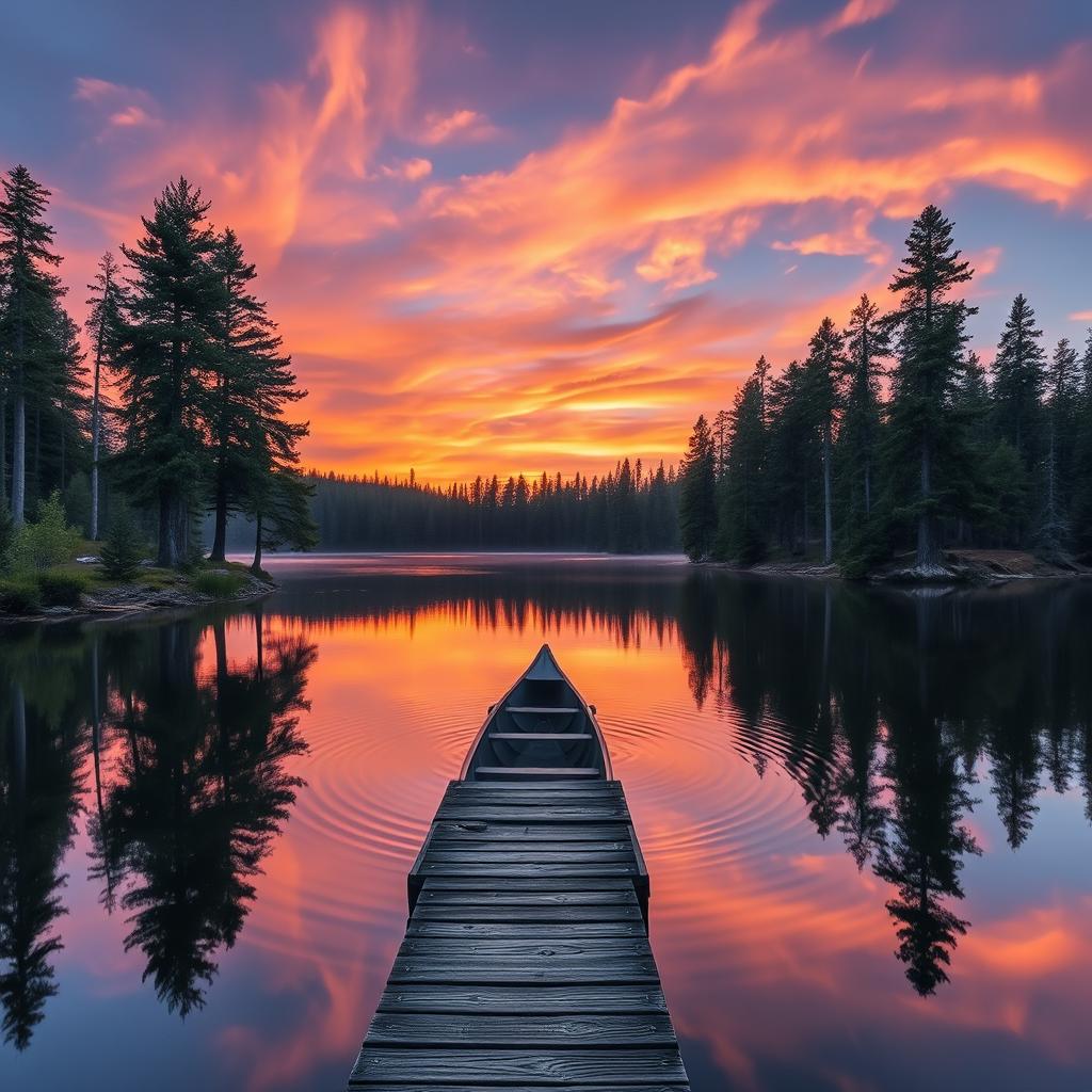 A serene landscape featuring a picturesque sunset over a tranquil lake, surrounded by tall pine trees reflecting in the water