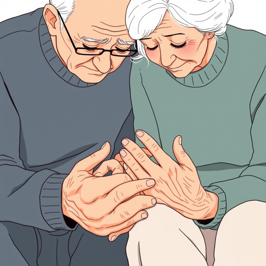 An old couple sitting together, looking down at their hands with expressions of contemplation and nostalgia